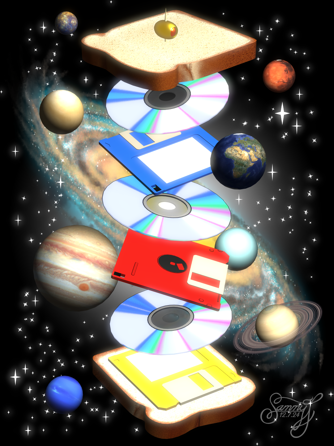 3D modeled artwork featuring a deconstructed sandwich with contents of CDs and floppy disks floating in space