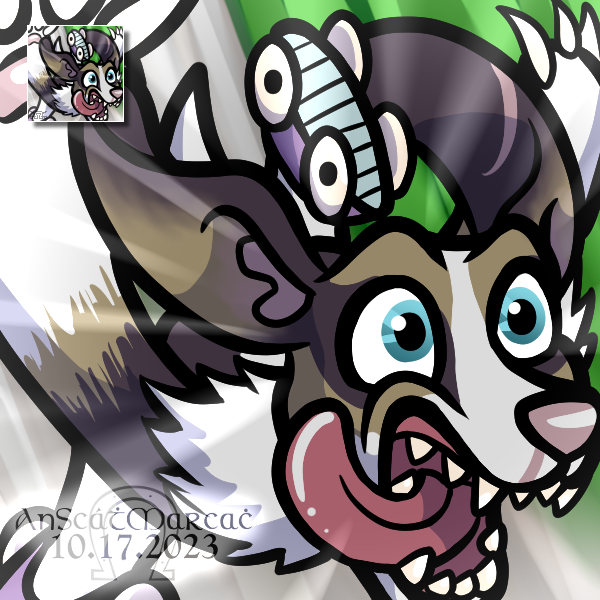 Drawing of a roller-skating dog that somewhat resembles a beagle but also has some features of a Digimon.