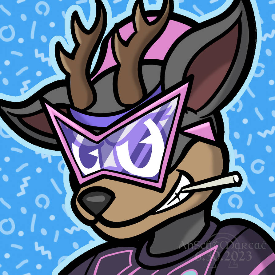 Drawing of a black deer with sunglasses and a lollipop stick in her mouth.