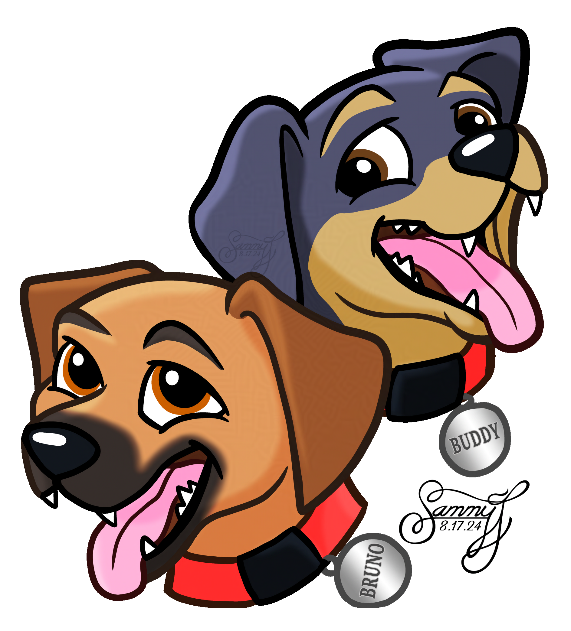 Drawing of a black dog and a tan dog.