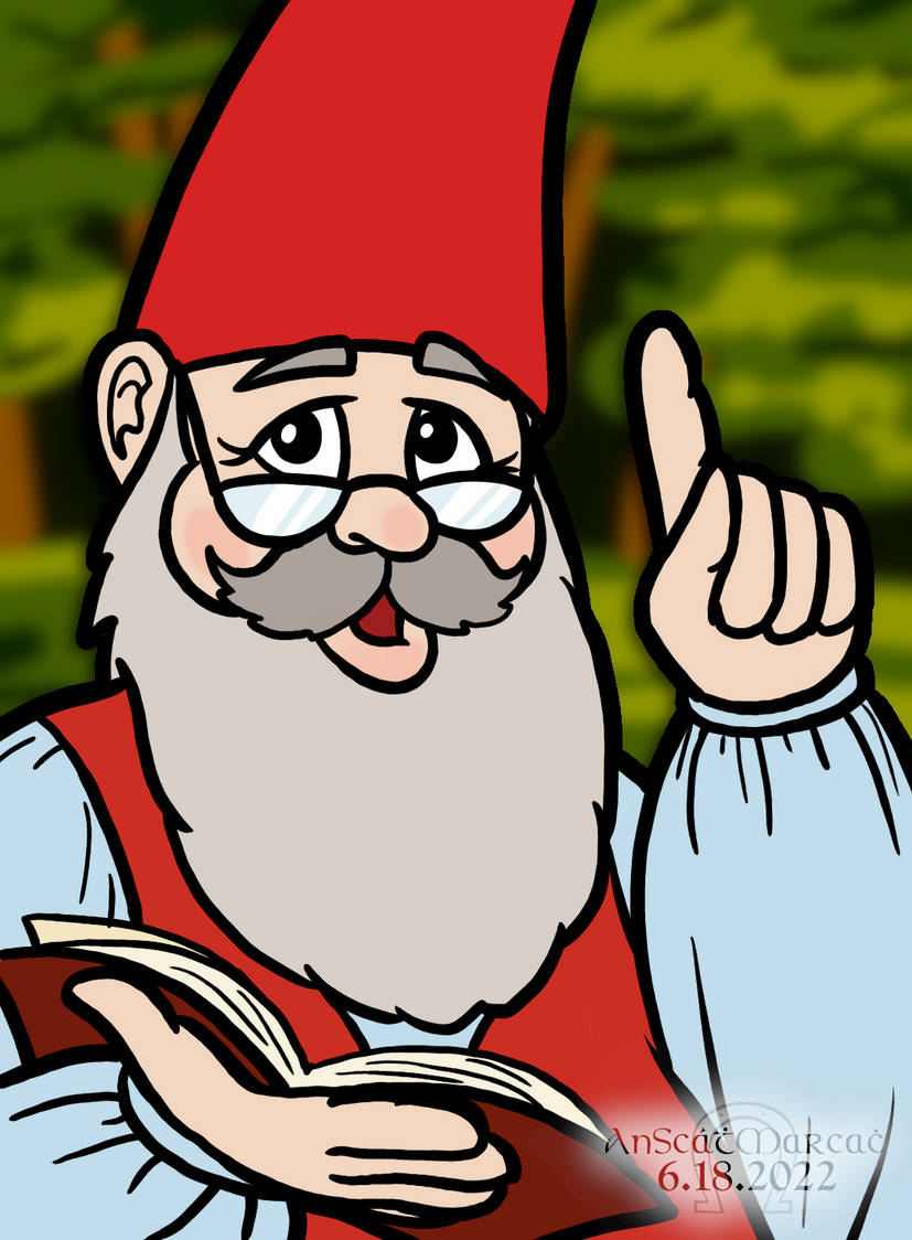 Drawing of a gnome with glasses holding a book.