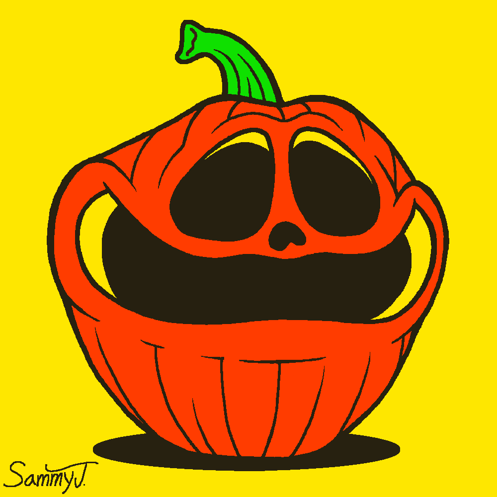 Drawing of a carved pumpkin with a funny face.