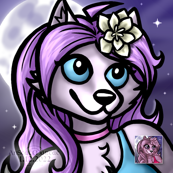 Drawing of a pink wolf with a flower in her hair.