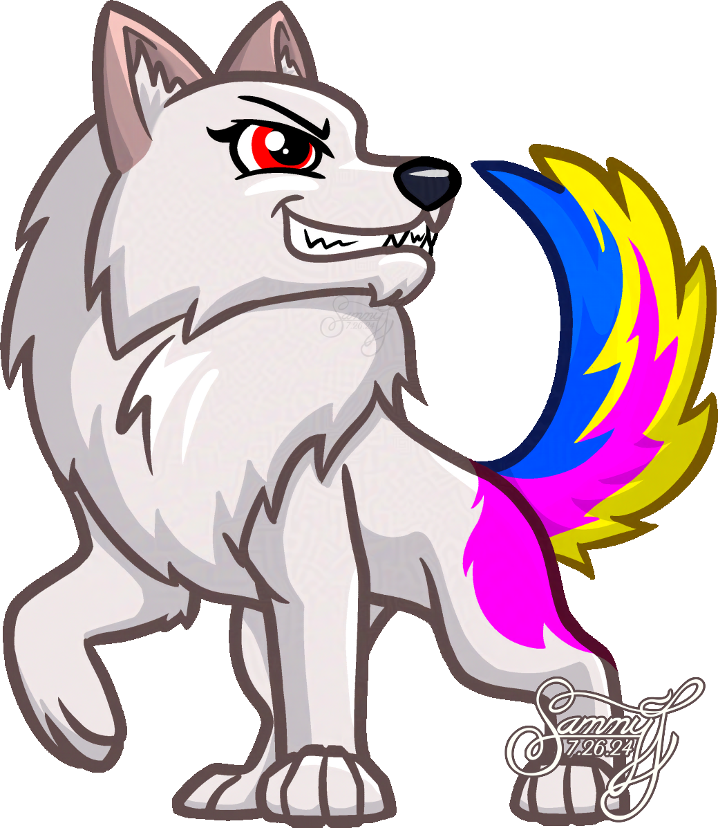 Drawing of a white wolf with a multicolored tail.