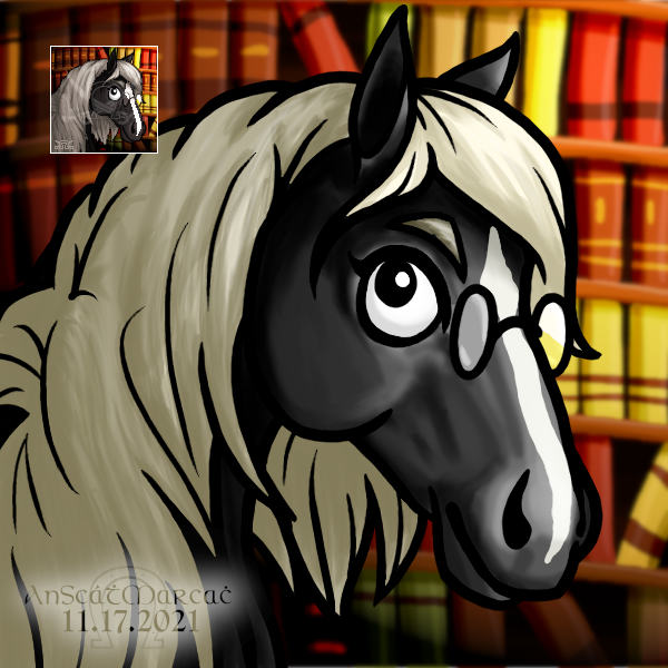 Drawing of a cartoon black horse in a library.