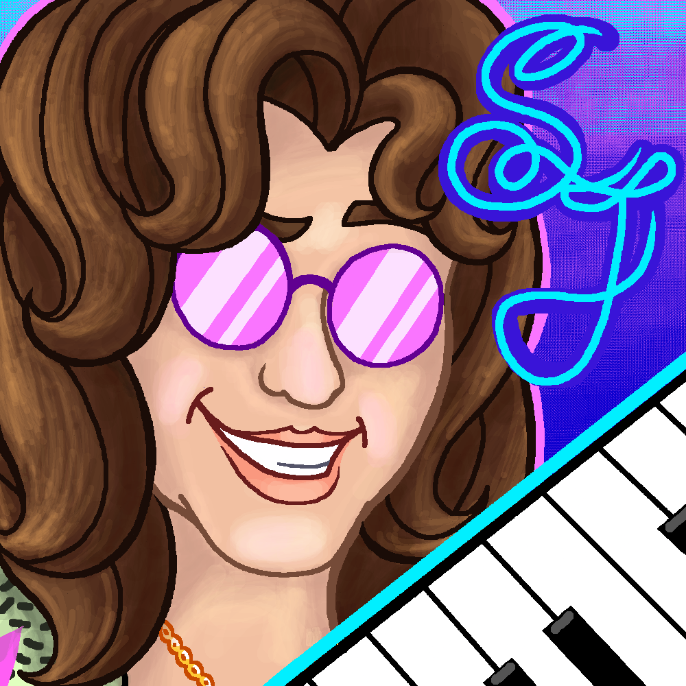 Self portrait with the initials SJ and piano keys.