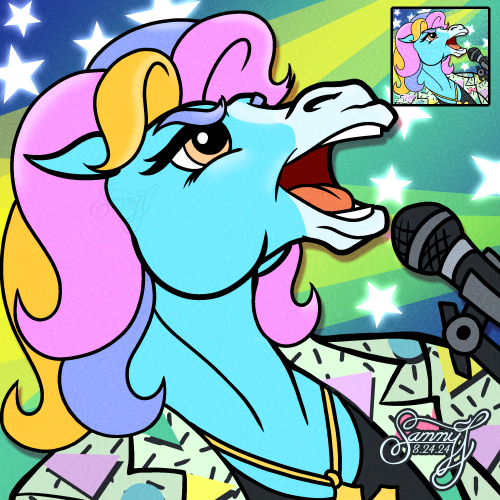 Drawing of a singing blue horse with colorful hair.