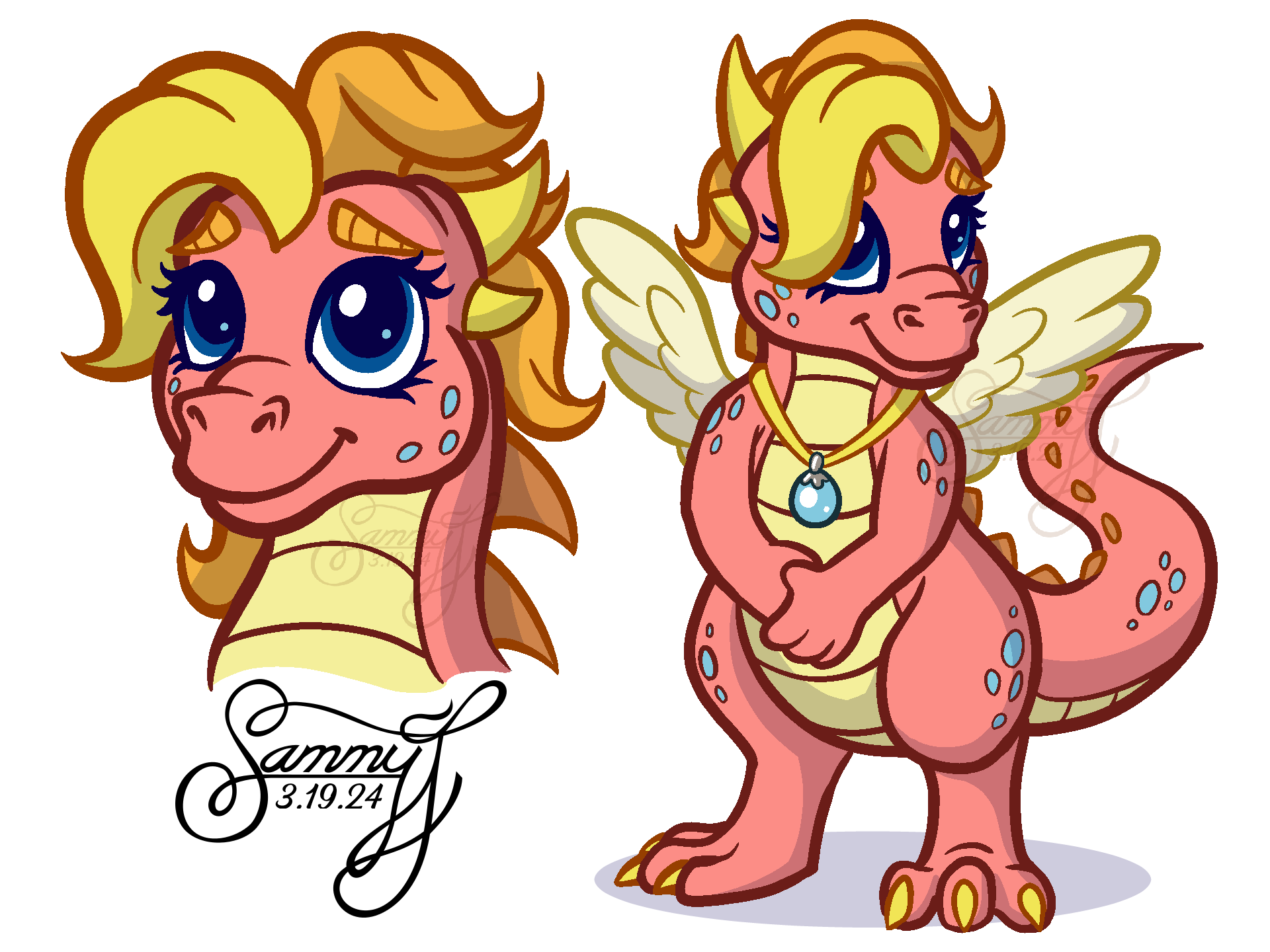 Drawing of a pink dragon with yellow spikes.