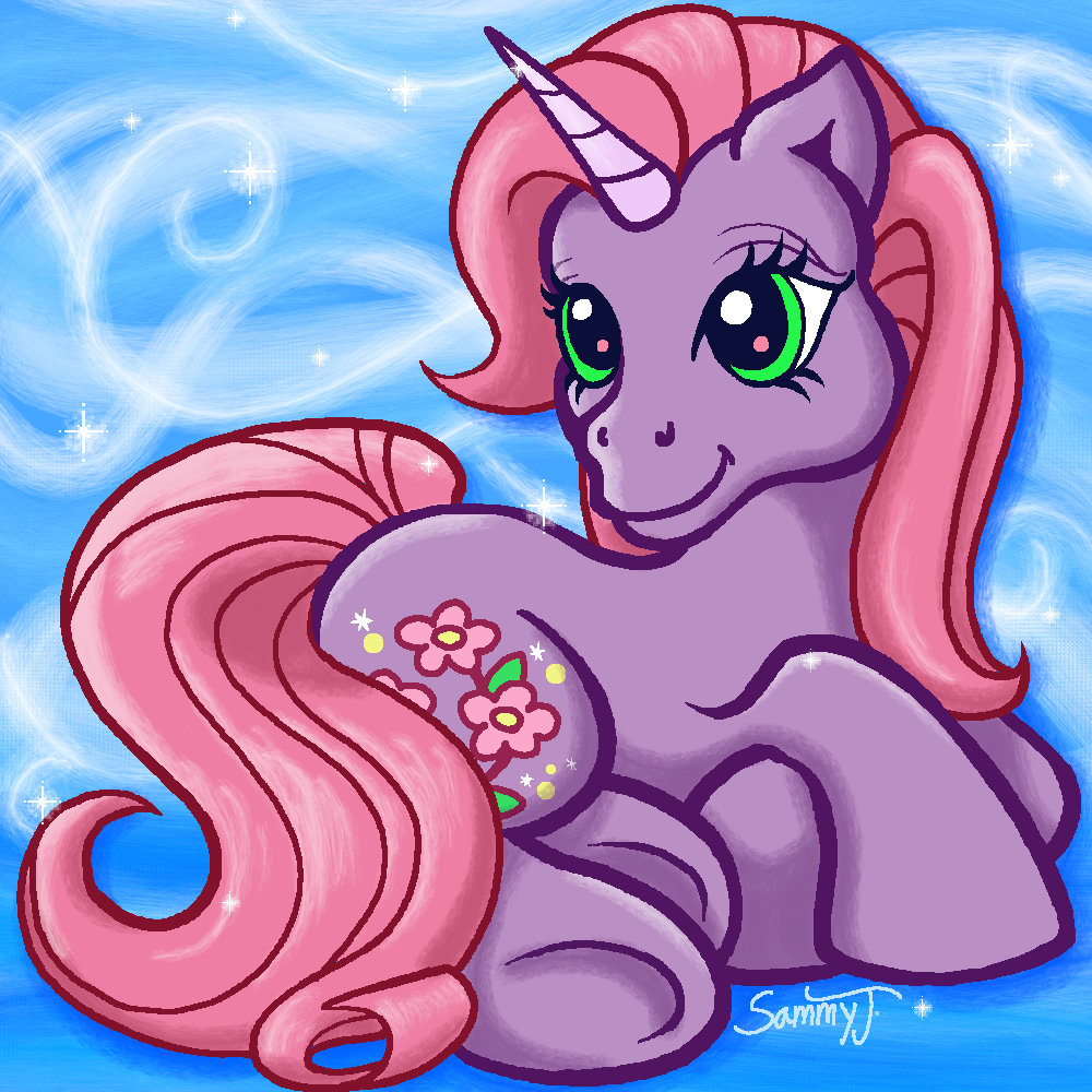 Drawing of a My Little Pony character resting on the ground with a blue magical background.