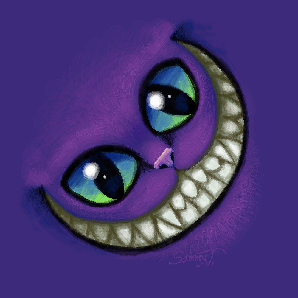 Painting of a purple cat's face with a large, unsettling smile.