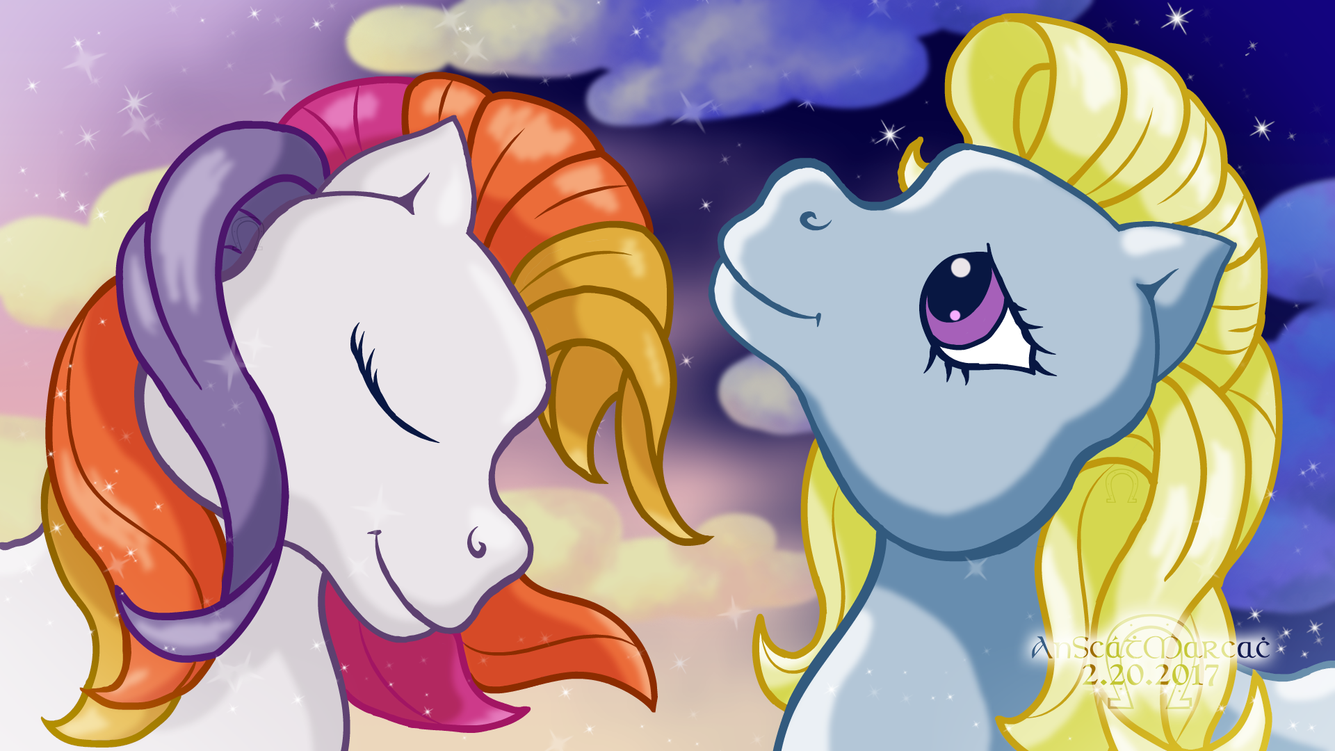 Drawing of two My Little Pony characters in front of a split day and night sky..