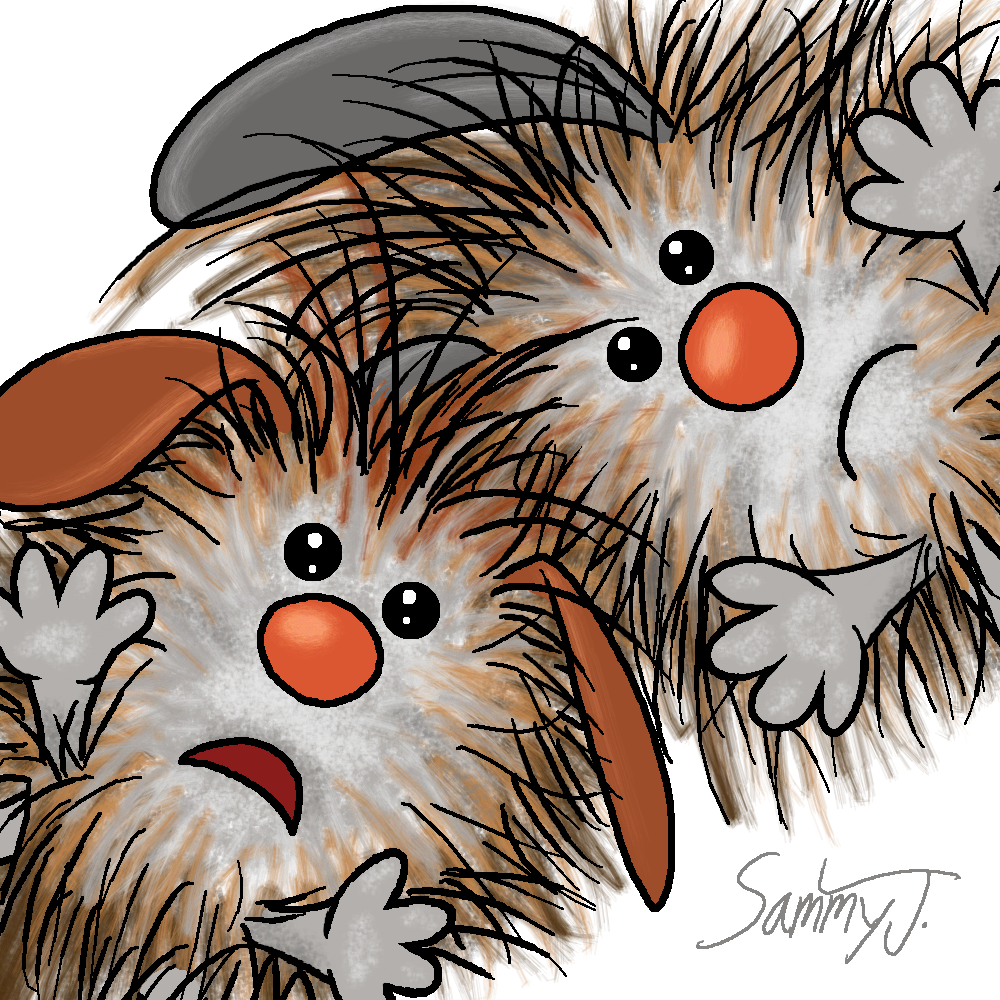 Drawing of two hairy rabbit-like creatures with red clown noses.