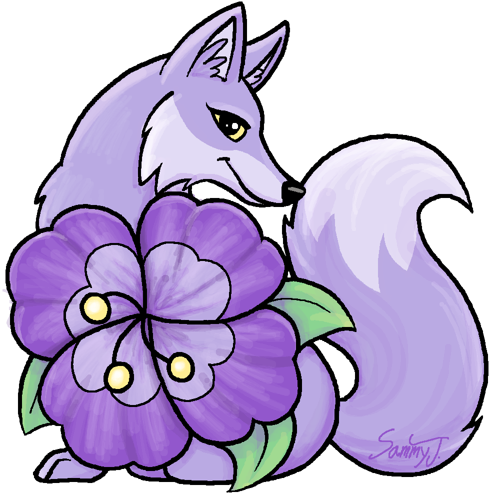 Drawing of a purple fox with a purple flower growing out of its back.