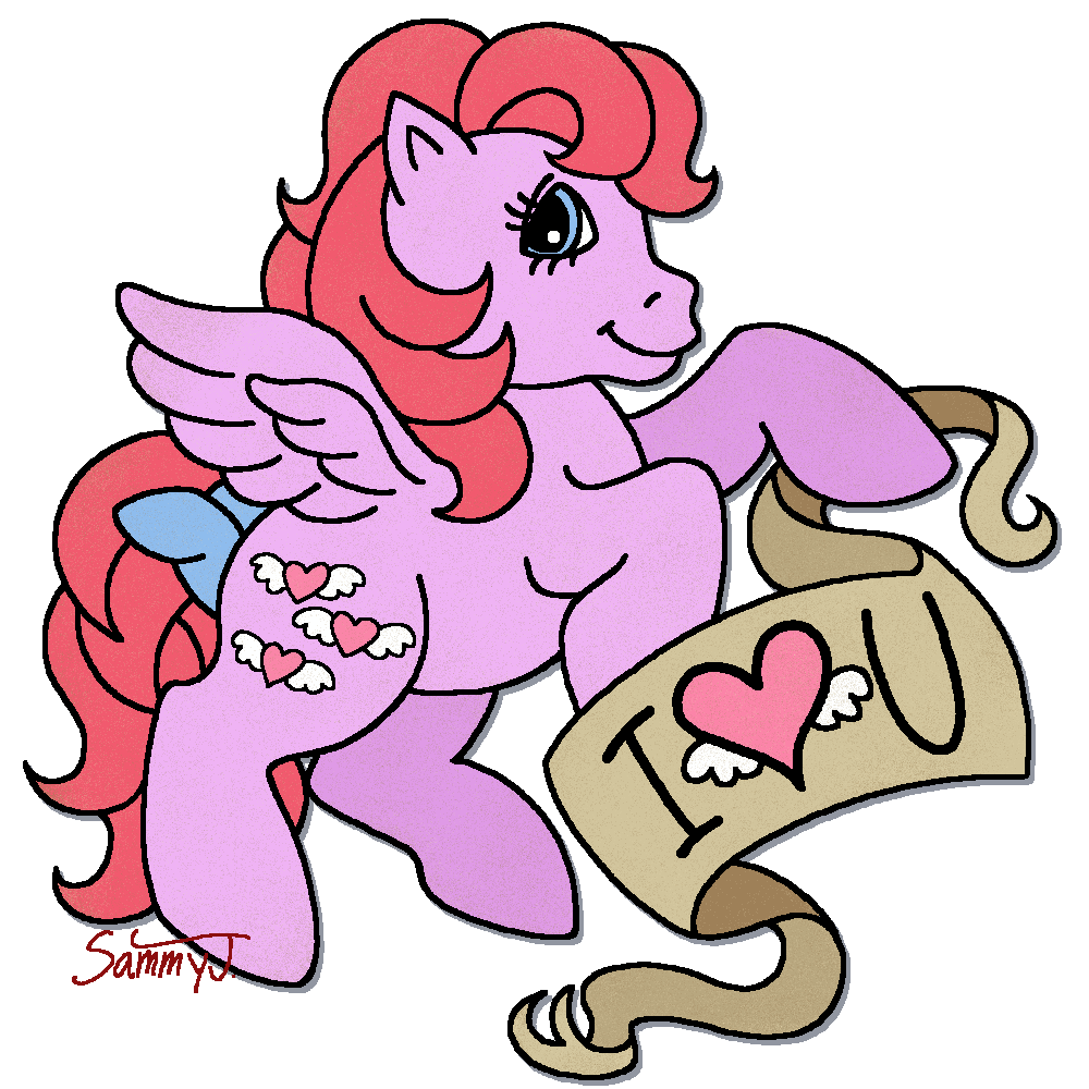 Drawing of a My Little Pony character holding a sign that says 'I Love You'.