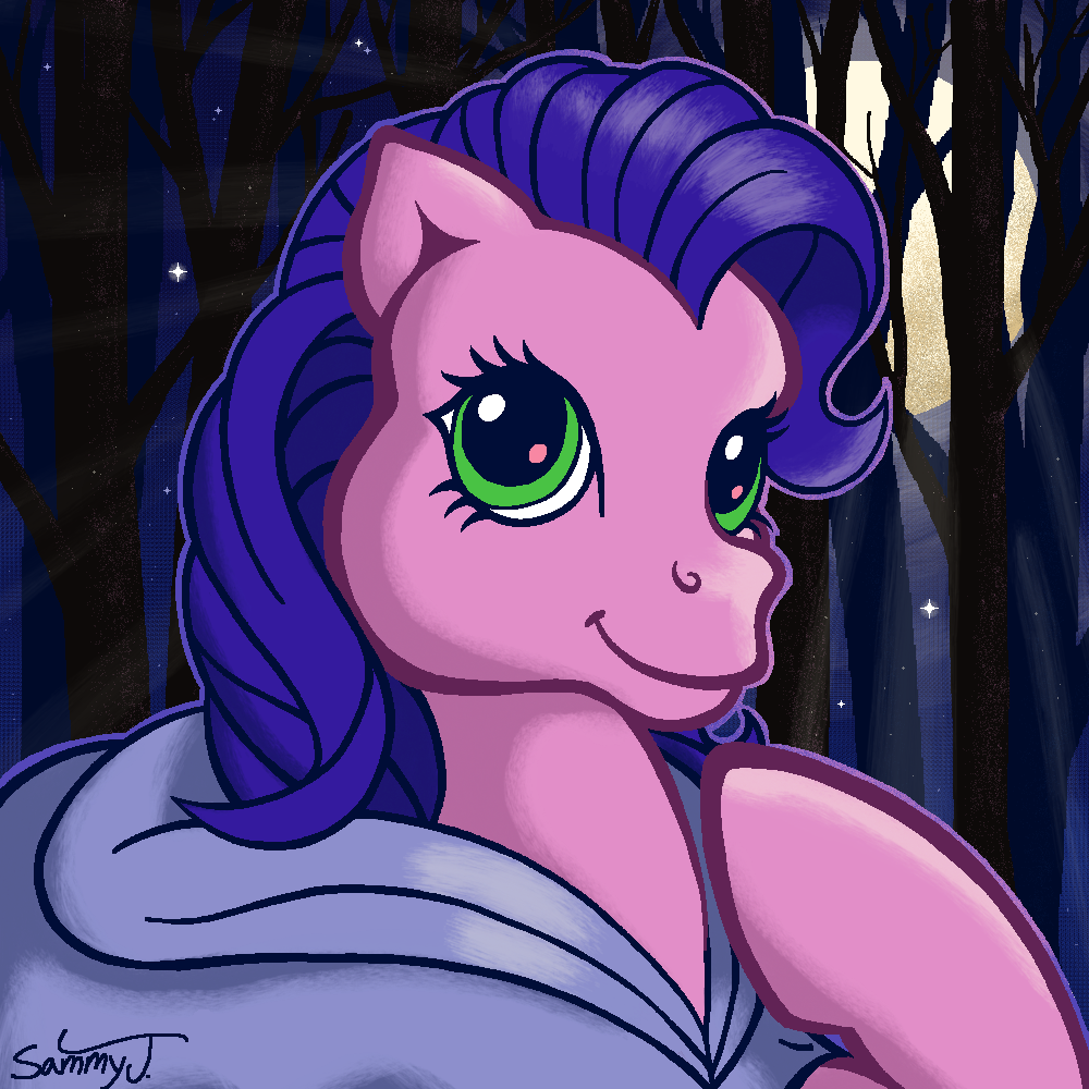 Drawing of a My Little Pony character uncovering the hood of a cloak from her head, walking through a forest at night.