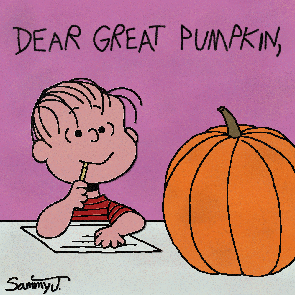 Drawing of Linus at a table with paper and a pencil with a pumpkin, captioned 'Dear Great Pumpkin' as he's writing a letter.