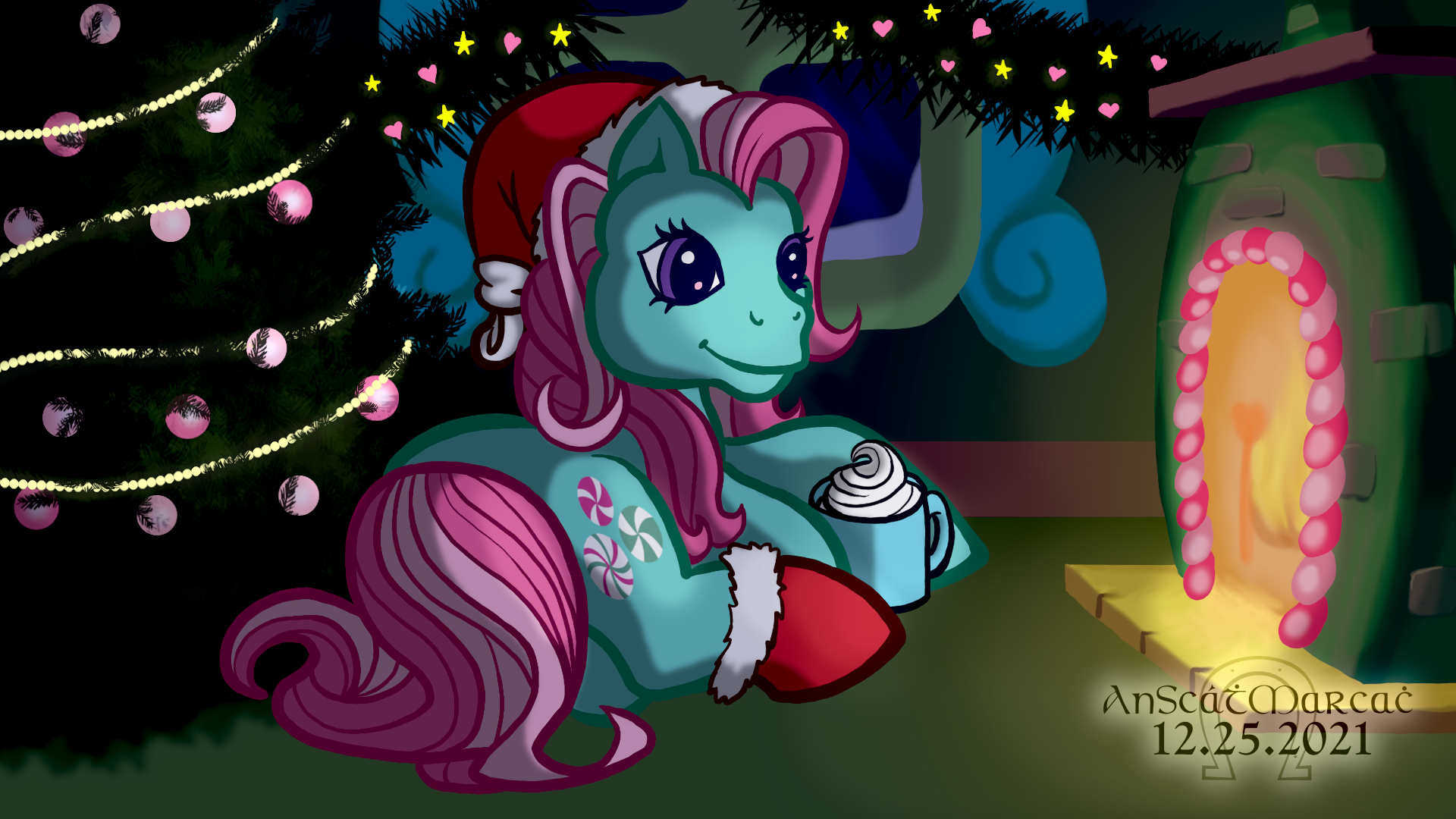Drawing of a My Little Pony character sitting in front of a fireplace with a cup of hot cocoa.