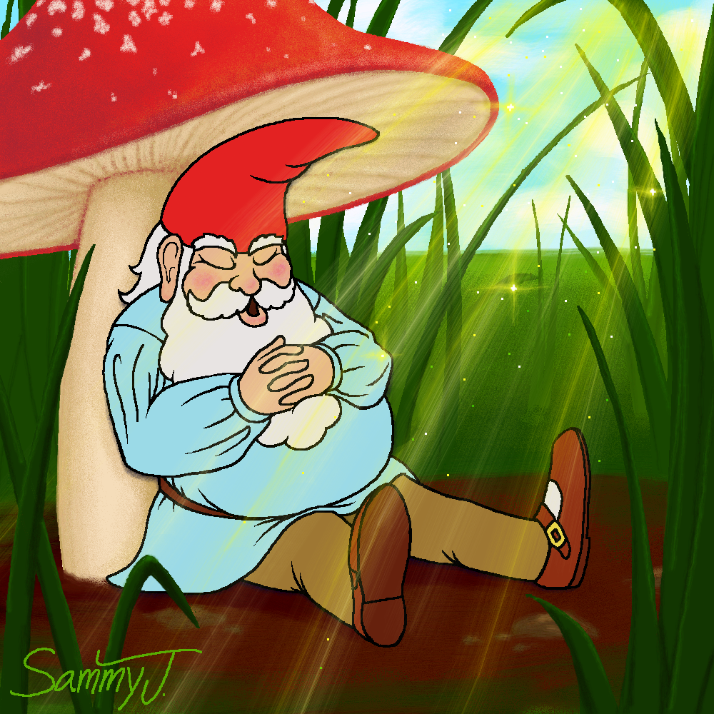 Drawing of a gnome sleeping under a red mushroom.