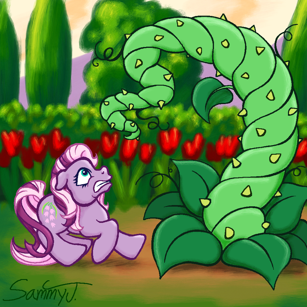 Drawing of a My Little Pony character afraid of a large plant.