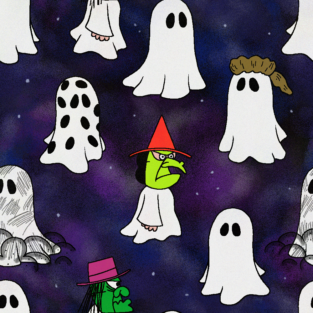 Drawing of various Peanuts characters wearing sheet ghost costumes on a dark background.