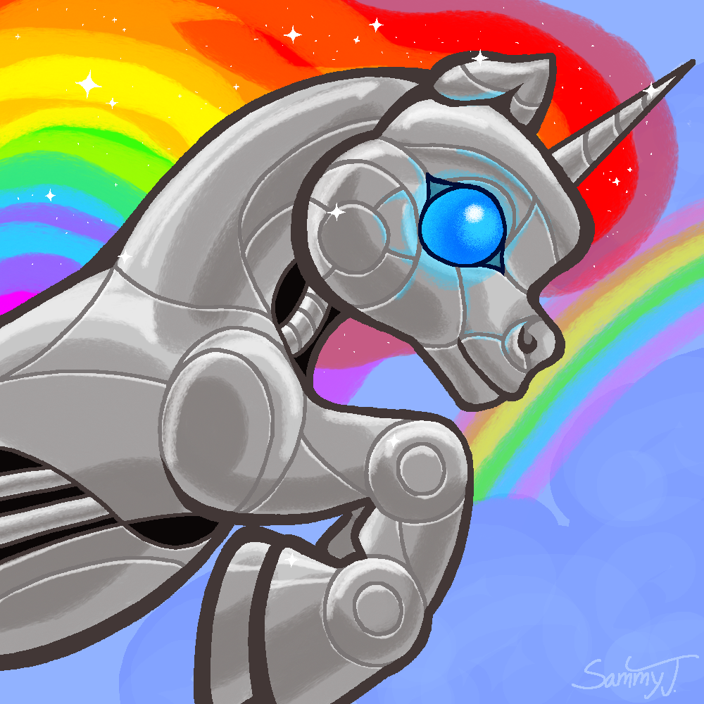 Drawing of a robotic unicorn stylized like My Little Pony .