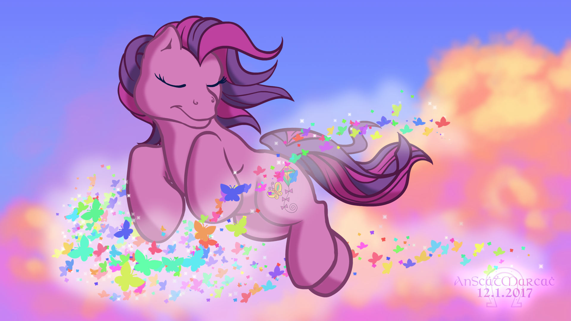 Drawing of a My Little Pony character floating in the sky on top of butterflies.