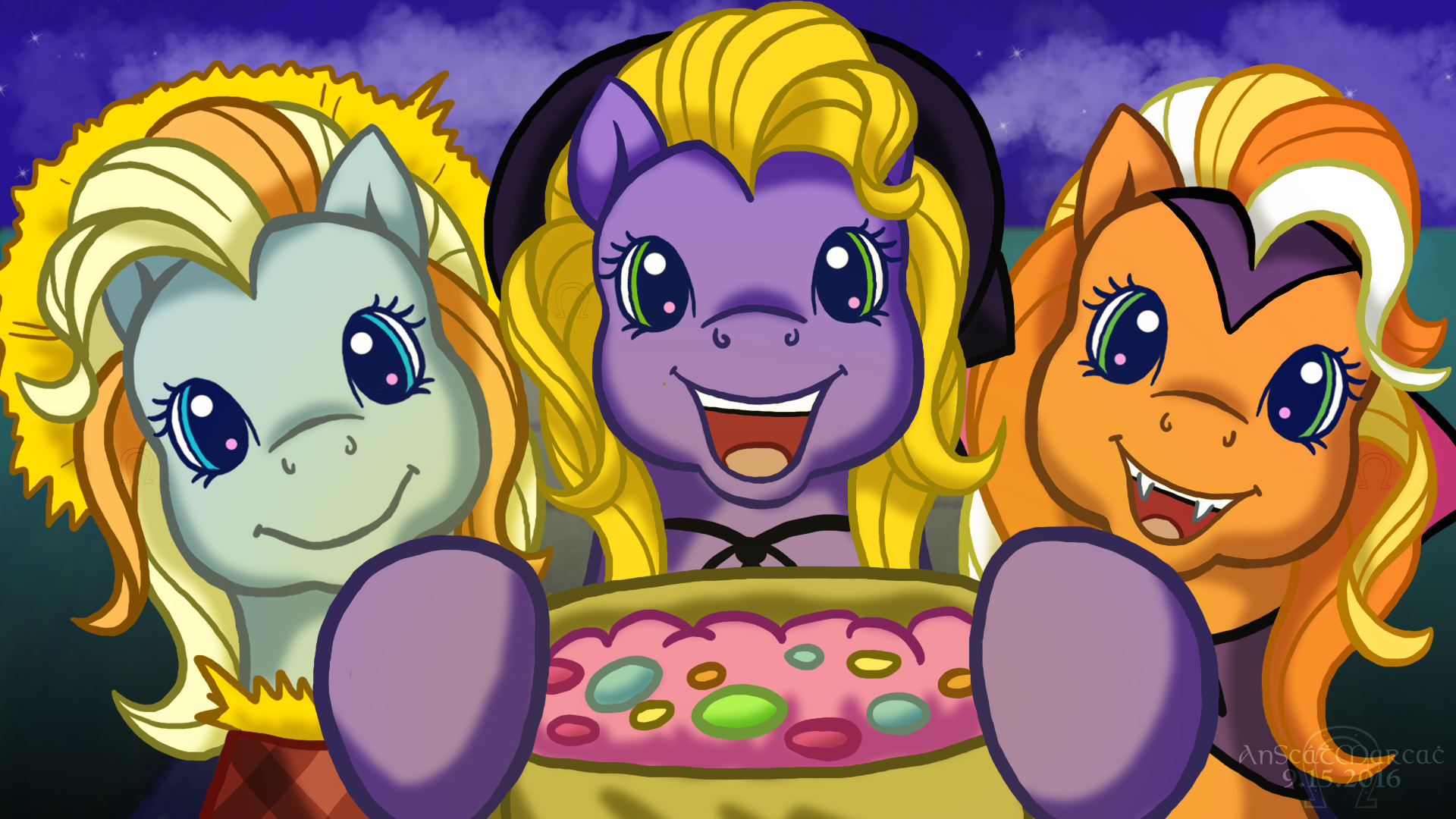 Drawing of three My Little Pony characters holding a bag of candy.