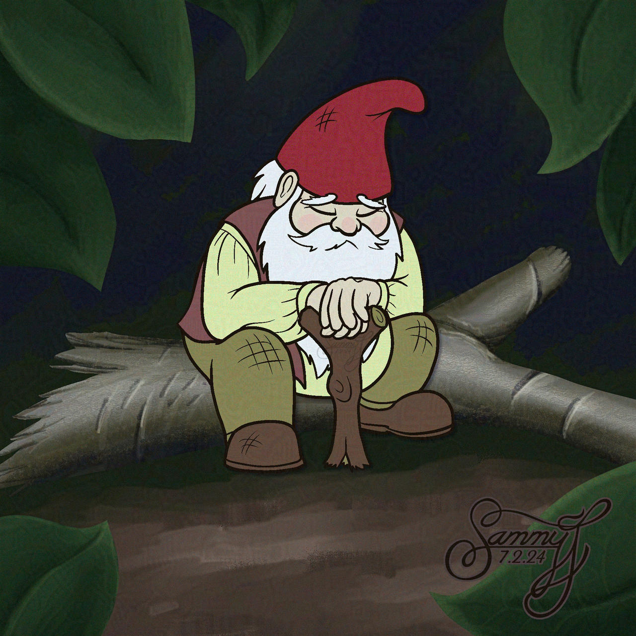 Drawing of a gnome sitting on a log. He is visibly tired and damaged.