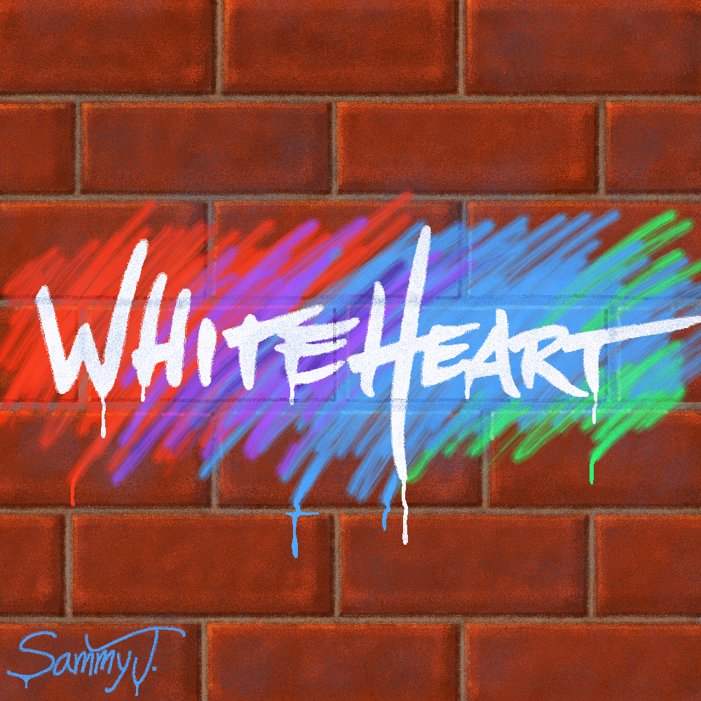 Drawing of a brick wall with rainbow scribbles and the word 'Whiteheart' layered on it.