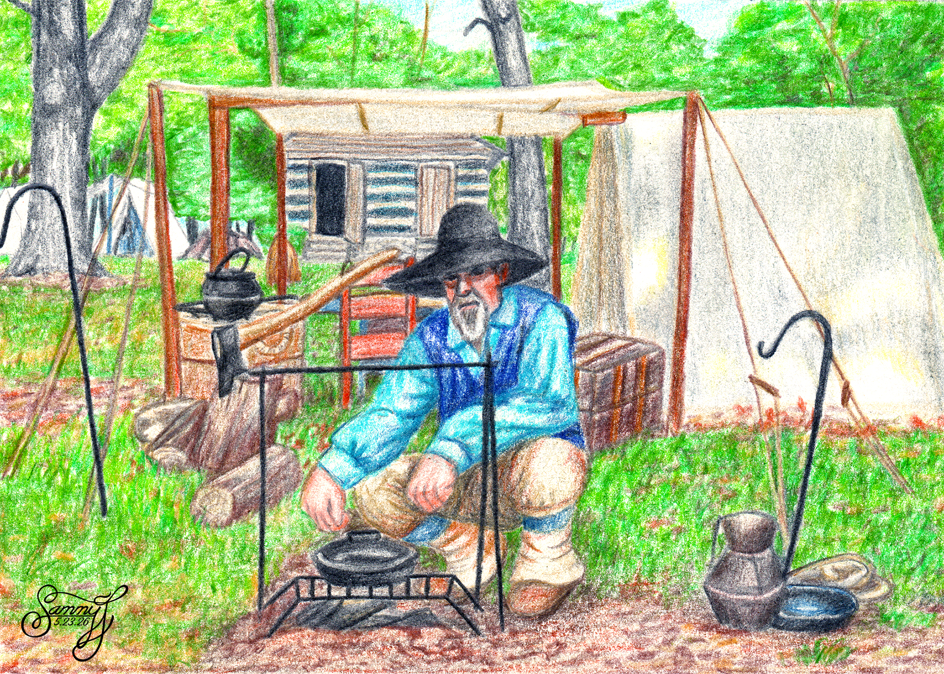 Colored Pencil drawing of a man in period clothing cooking on an open fire in front of a white canvas tent.