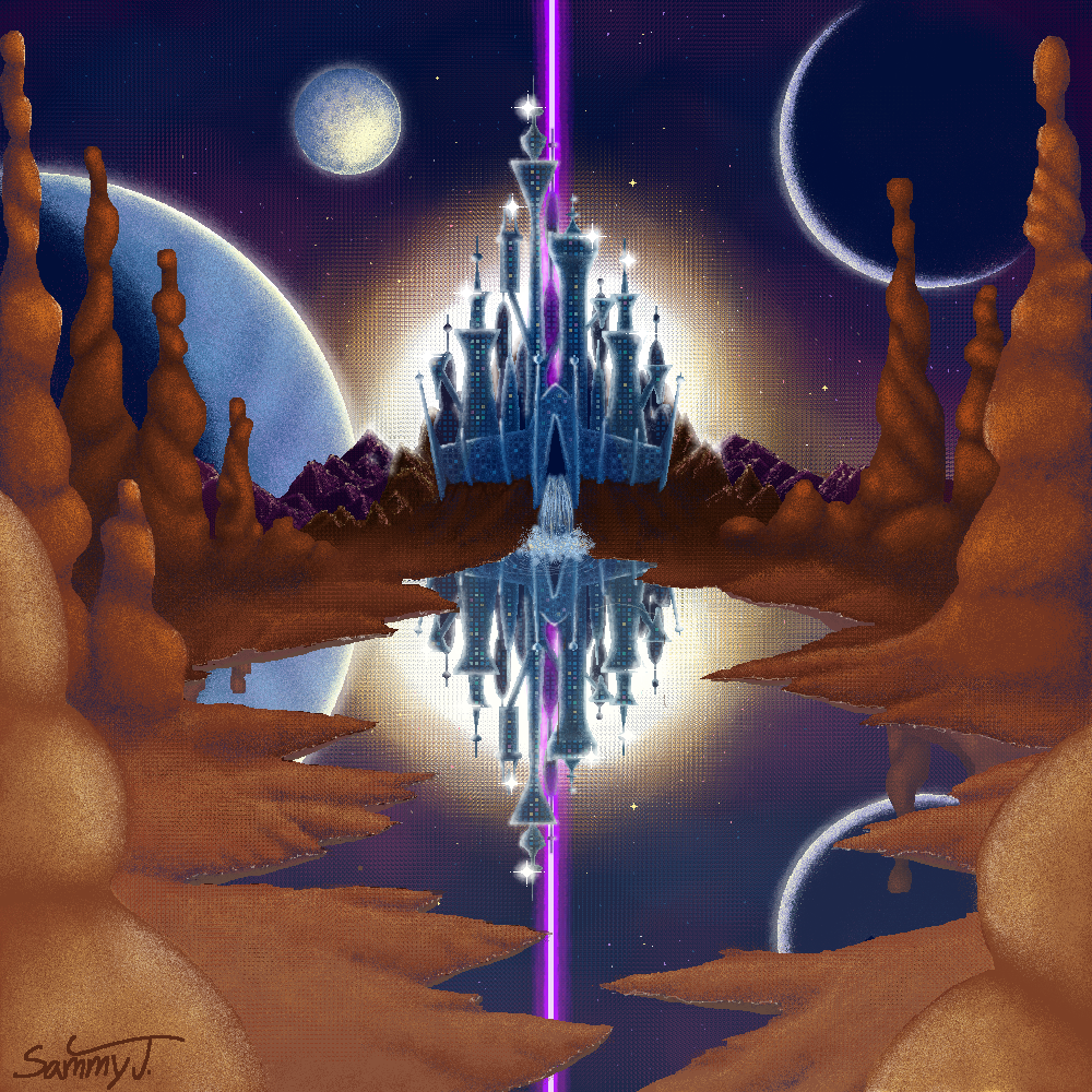 A retro-futuristic castle set atop a mountain on another planet with three moons.