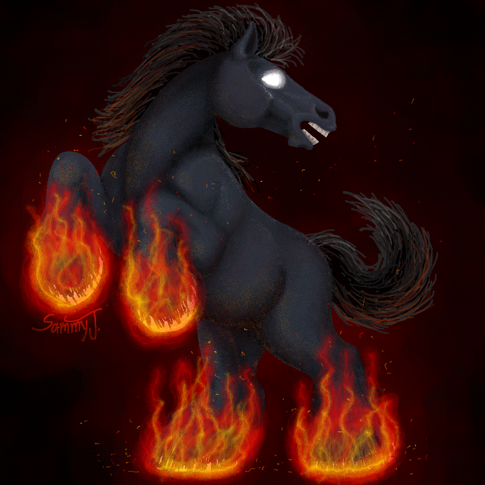 A black horse rearing with its eyes glowing white and flames coming from its hooves.