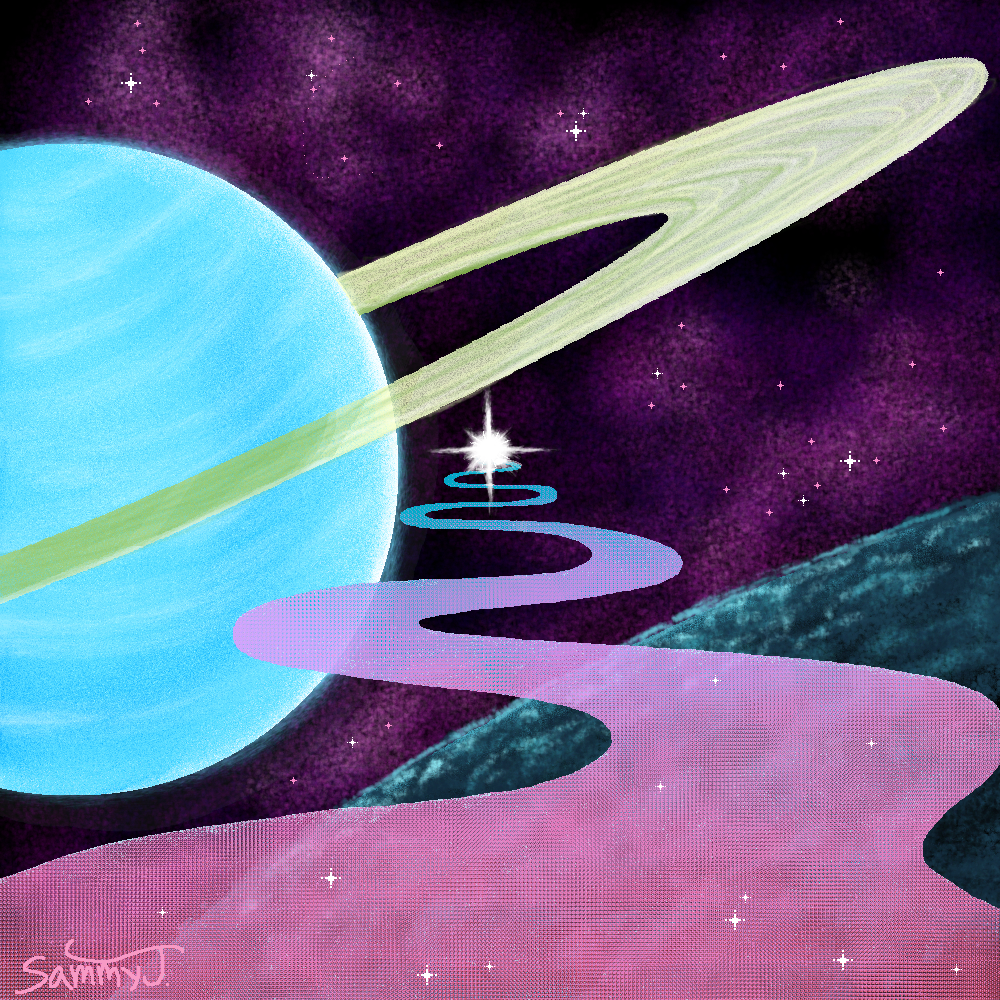 An ethereal pathway winding through planets in space.