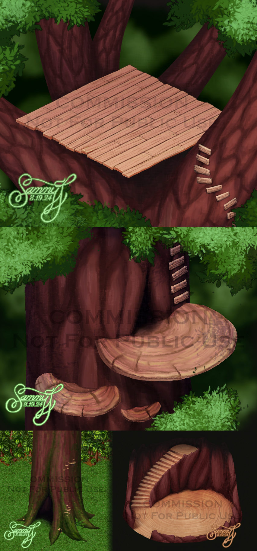 Paintings of different levels of an elaborate house made out of a hollowed tree.